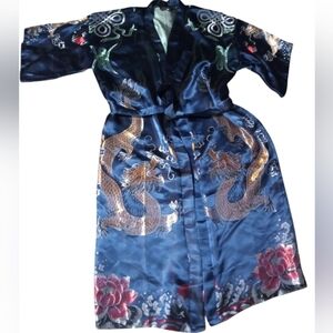 Dragon Print Duster Kimono Robe Tie Waist Longline Jacket Boho Oriental Style XL